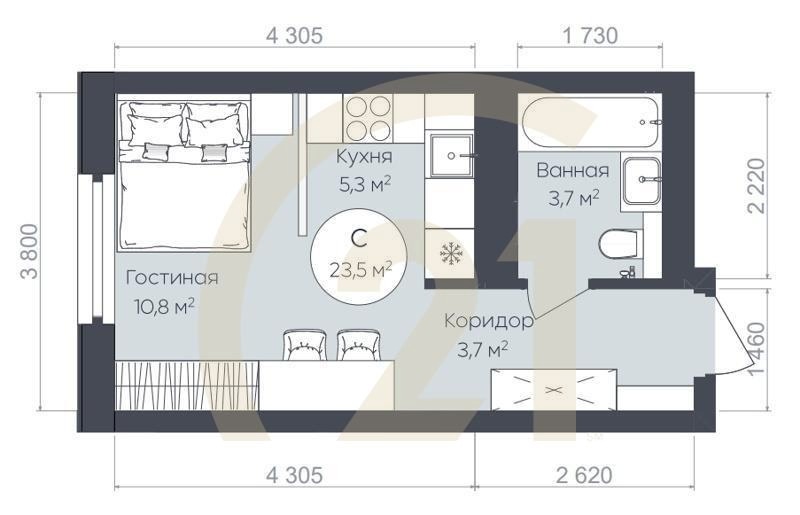Студия, 23.5 м², 22-23 этаж