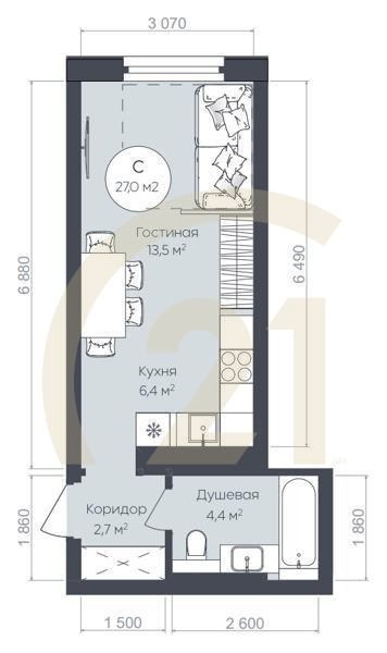 Студия, 27 м², 22-24 этаж
