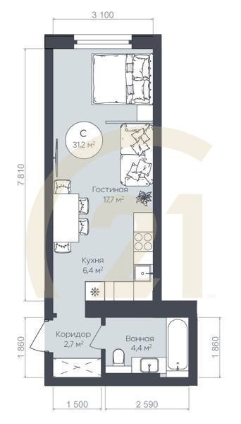 Студия, 31.2 м², 16-24 этаж