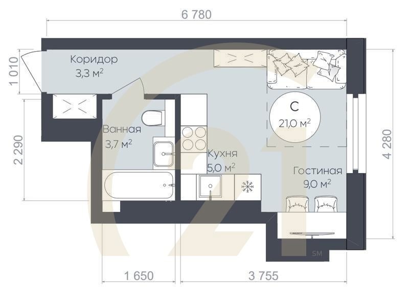Студия, 21 м², 20 этаж
