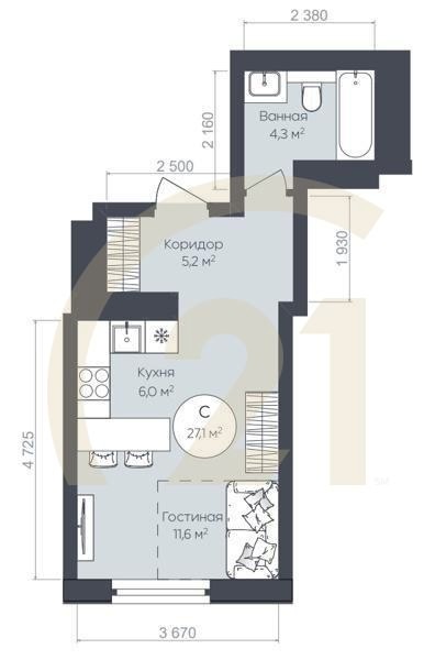 Студия, 27.1 м², 18-24 этаж