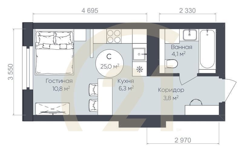 Студия, 25 м², 18-23 этаж