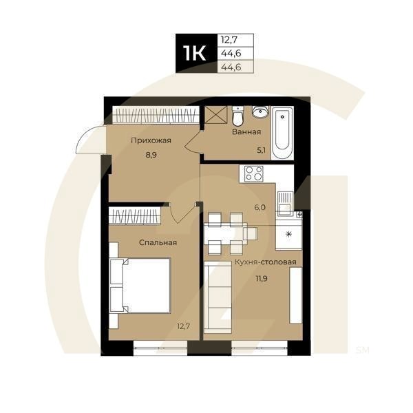 1-комн, 44.5 м², 2-21 этаж