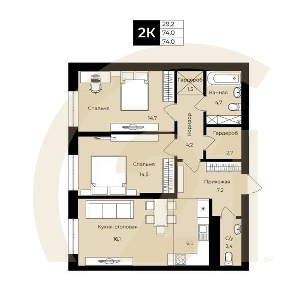 2-комн, 74 м², 2-21 этаж