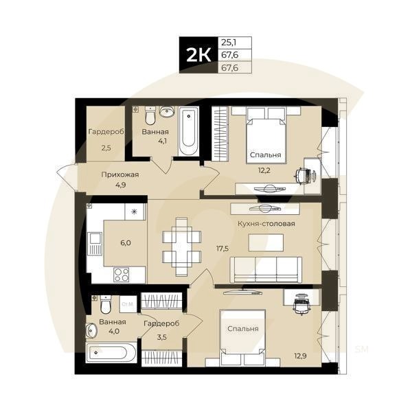 2-комн, 68.5 м², 2-21 этаж