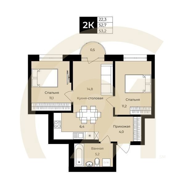 2-комн, 100.5 м², 3-19 этаж
