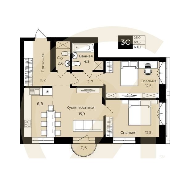 3-комн, 69 м², 3-16 этаж