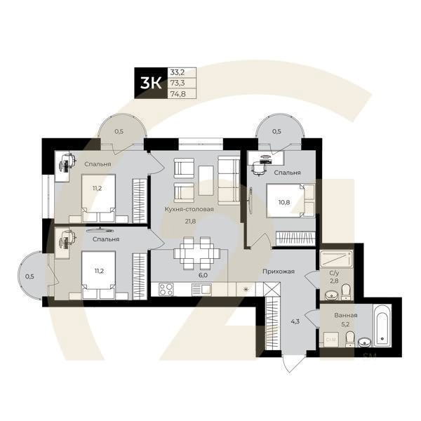 3-комн, 75 м², 3-16 этаж