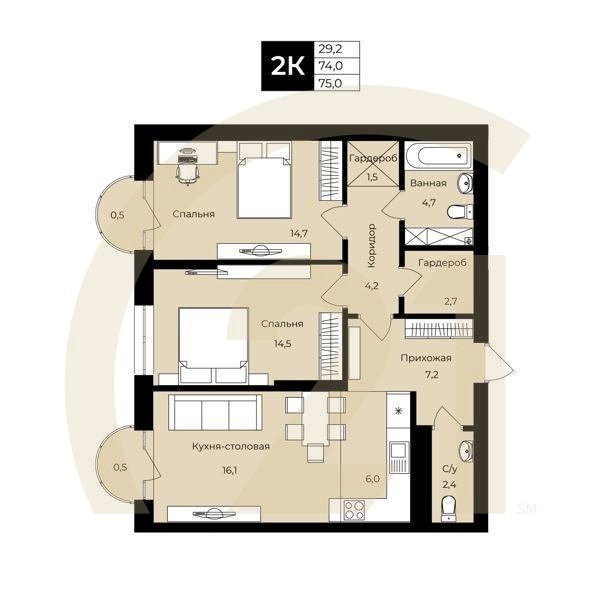 2-комн, 100 м², 3-19 этаж