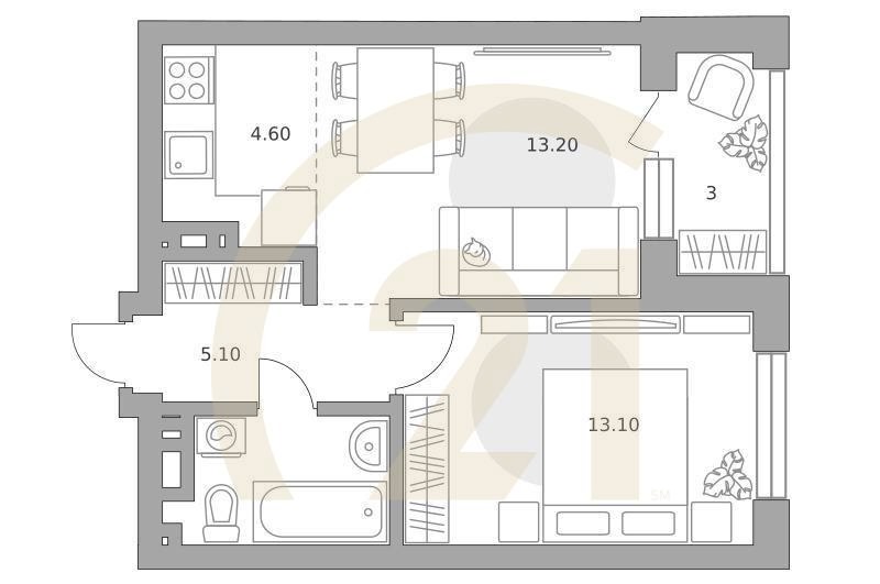 2-комн, 43.5 м², 4-14 этаж