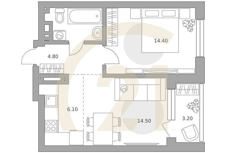 2-комн, 47.5 м², 6-14 этаж