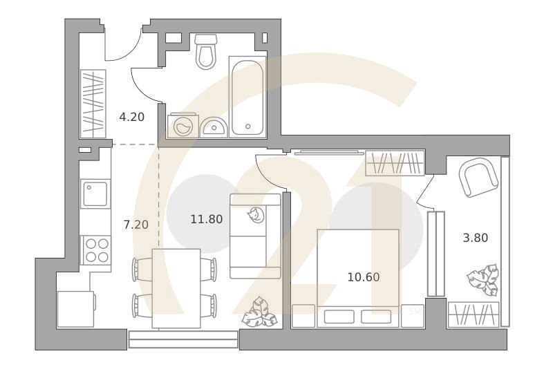 2-комн, 42.8 м², 2 этаж