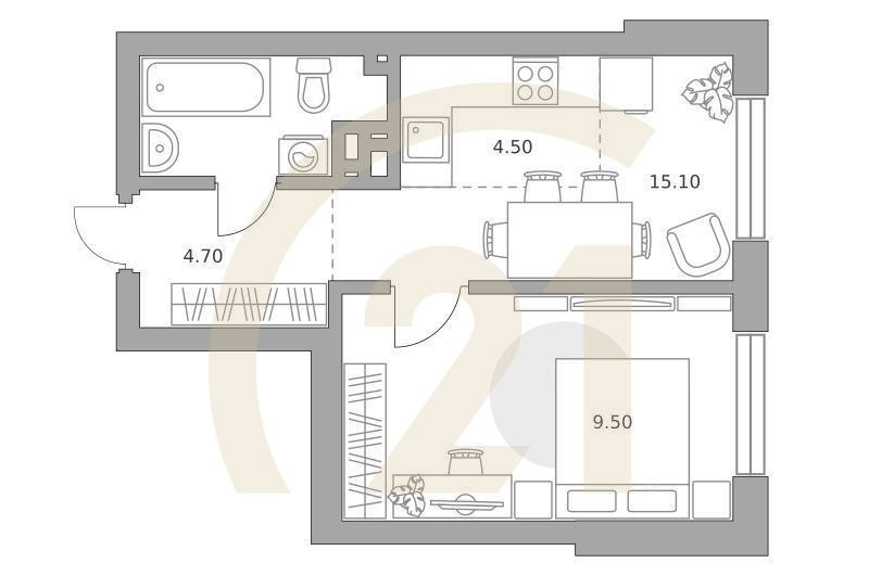 2-комн, 38.5 м², 8-14 этаж