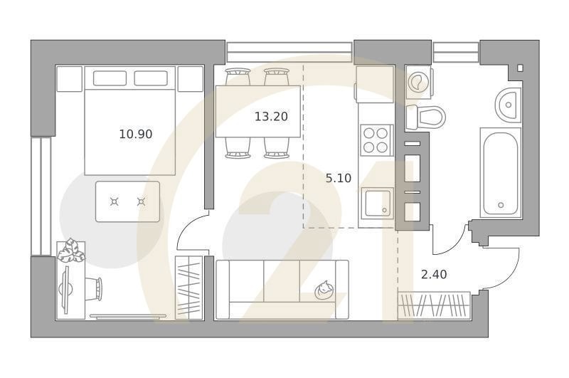 2-комн, 37.4 м², 5-14 этаж