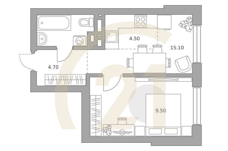 2-комн, 38.2 м², 18 этаж