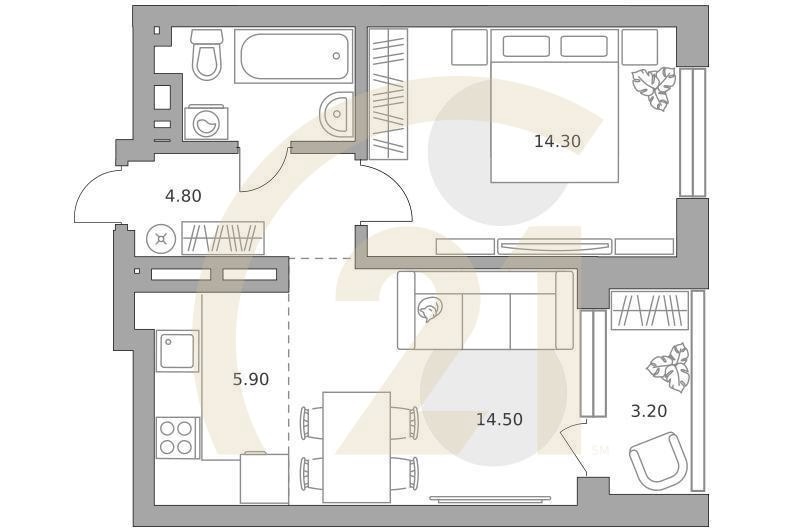 2-комн, 47.2 м², 15-23 этаж