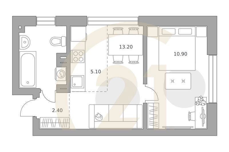 2-комн, 37.7 м², 3 этаж