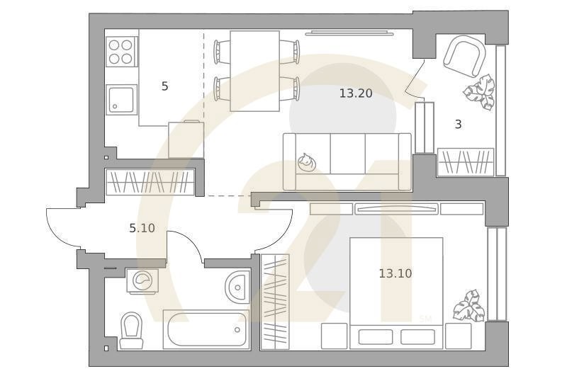 2-комн, 44.2 м², 2 этаж