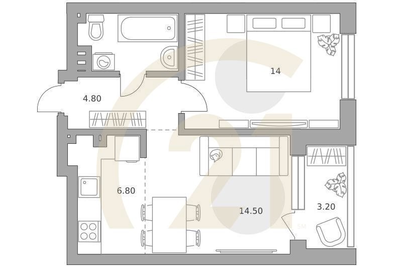 2-комн, 48 м², 3 этаж