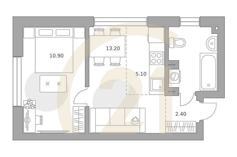 2-комн, 37.8 м², 2 этаж