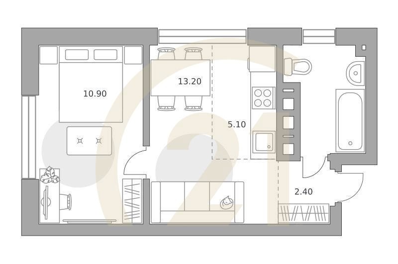 2-комн, 37.2 м², 15-23 этаж