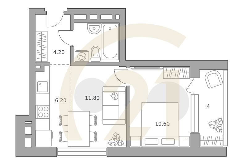 2-комн, 41.3 м², 4-22 этаж