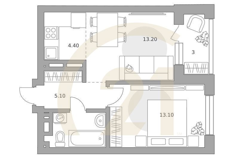 2-комн, 43.3 м², 15-21 этаж
