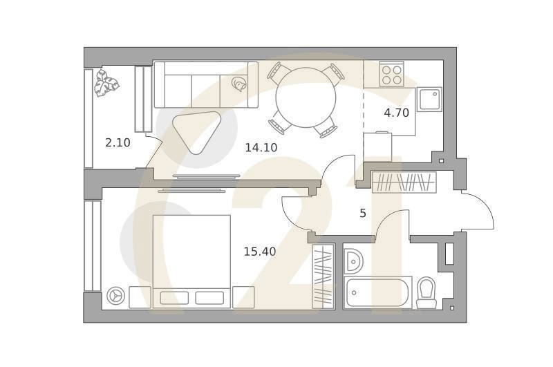 2-комн, 45.3 м², 1 этаж