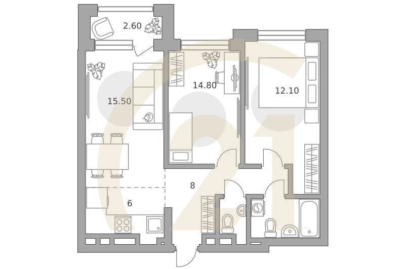 3-комн, 64.8 м², 5-12 этаж