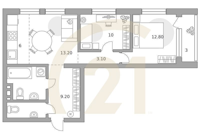 3-комн, 68 м², 1-3 этаж