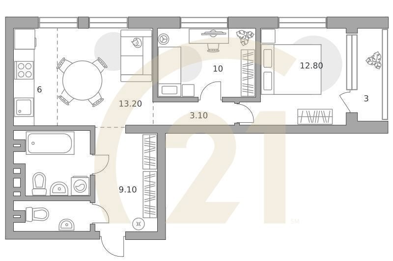 3-комн, 67.5 м², 2-14 этаж