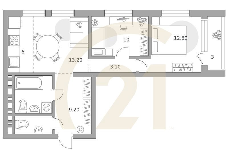 3-комн, 66.9 м², 12-15 этаж