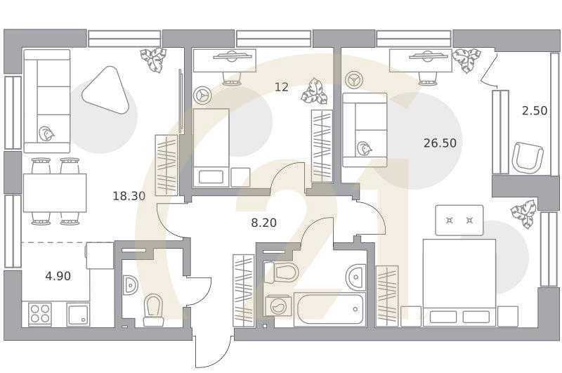 3-комн, 80.2 м², 2 этаж