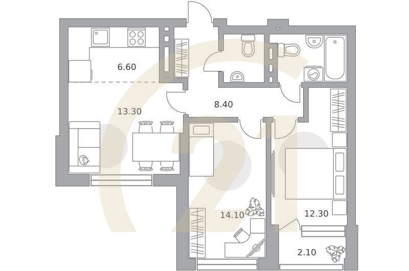 3-комн, 64.2 м², 10 этаж