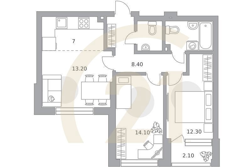 3-комн, 65.3 м², 2 этаж