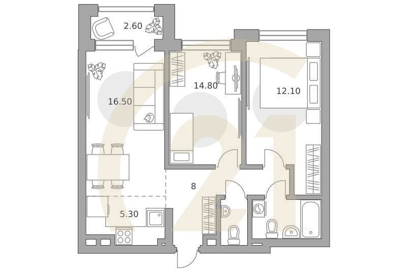 3-комн, 65.4 м², 2 этаж