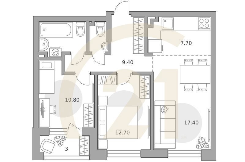 3-комн, 68.1 м², 2 этаж