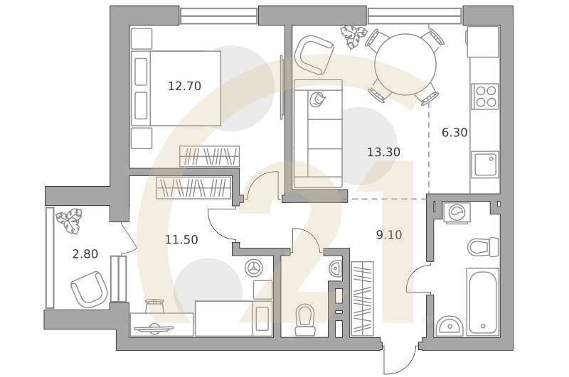 3-комн, 63.5 м², 2 этаж