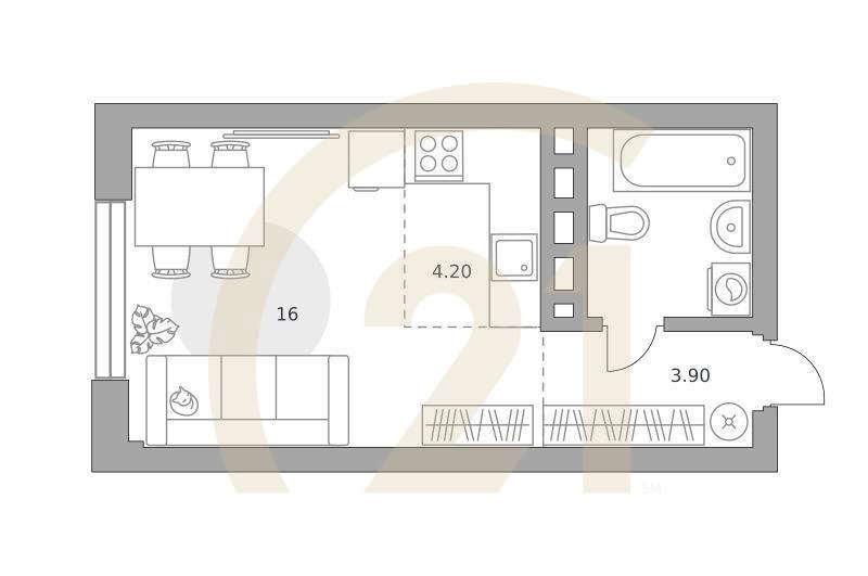 Студия, 28.8 м², 15-23 этаж
