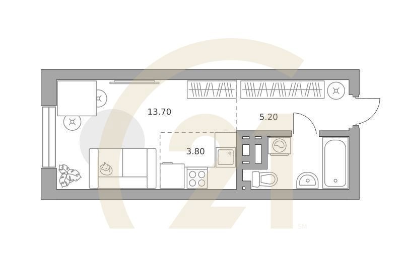 Студия, 27.3 м², 5-14 этаж
