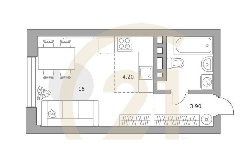 Студия, 29 м², 4-13 этаж