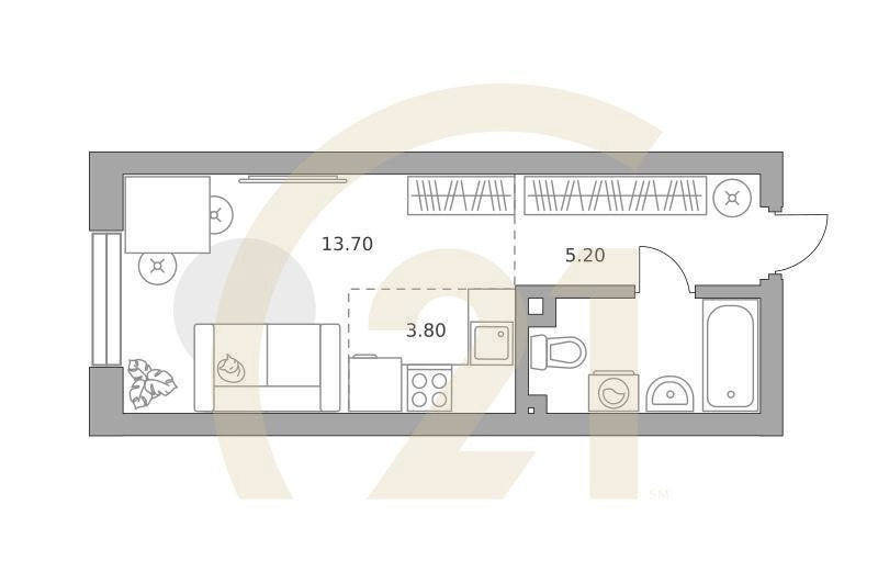 Студия, 27.8 м², 2 этаж