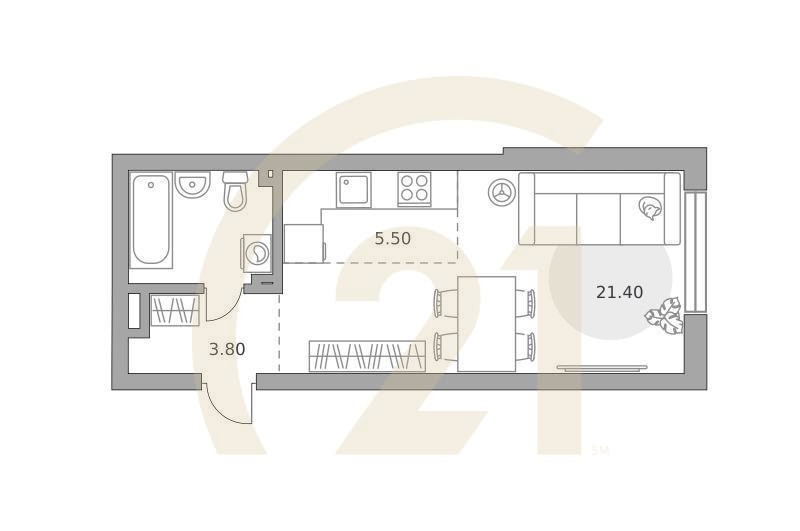 Студия, 36.2 м², 1 этаж