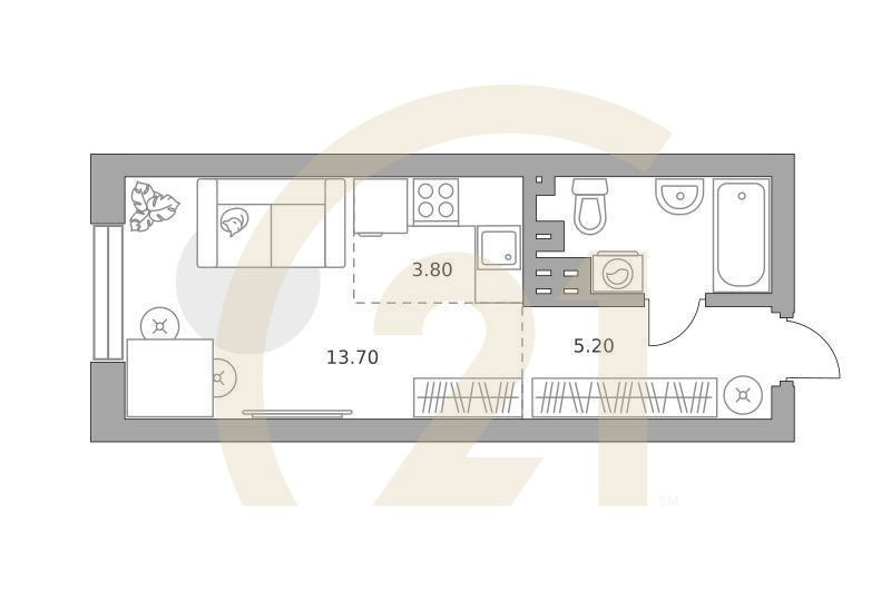 Студия, 27.6 м², 3 этаж