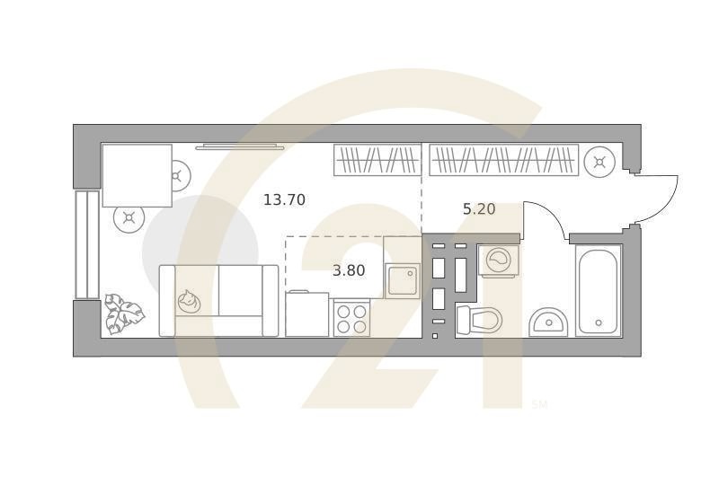 Студия, 27.1 м², 19-23 этаж