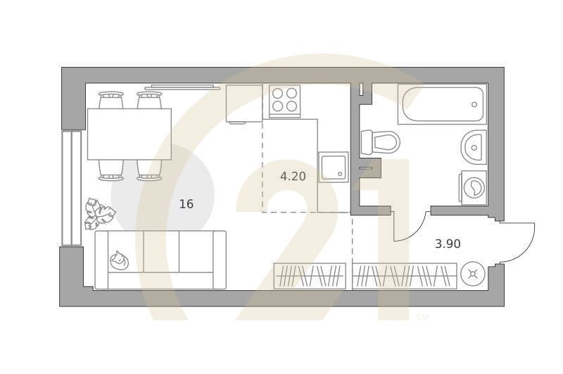 Студия, 29.6 м², 2 этаж