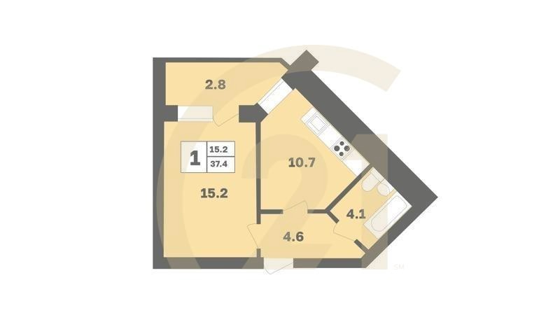 1-комн, 37.4 м², 2-10 этаж
