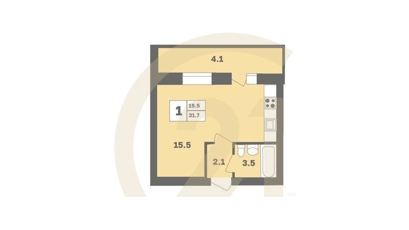 1-комн, 31.7 м², 1 этаж