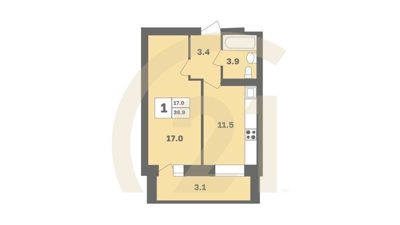 1-комн, 38.9 м², 2-9 этаж