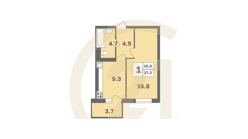 1-комн, 37.2 м², 8-9 этаж